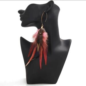 Feather Drop Earrings Pink and Brown Gold Tone Long Shepherds Hook